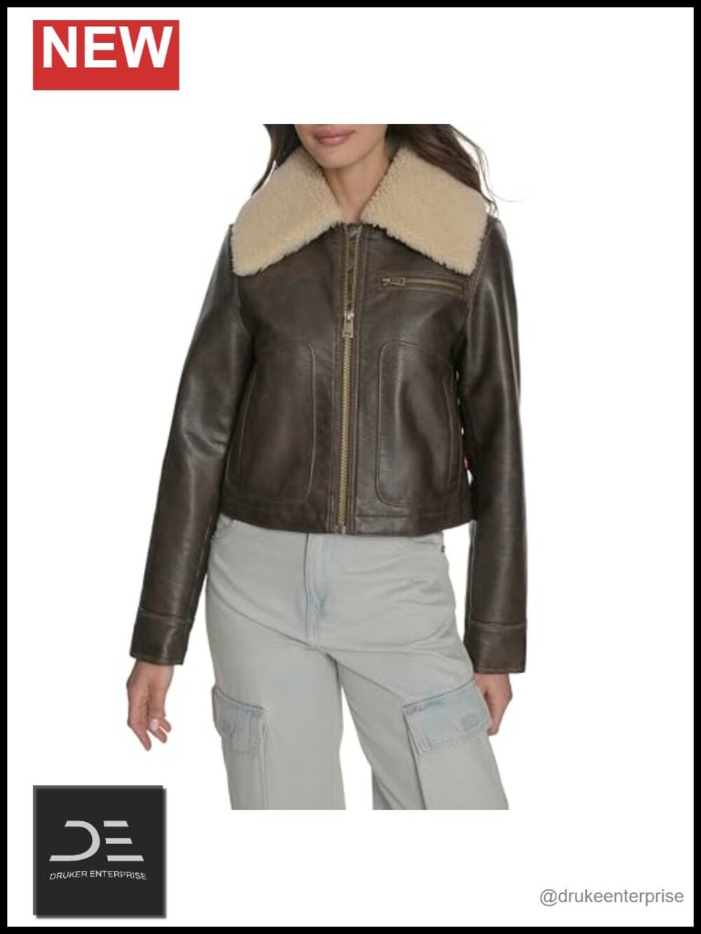 Faux Leather Aviator Jacket Quilted Zip Front Moto Womens
